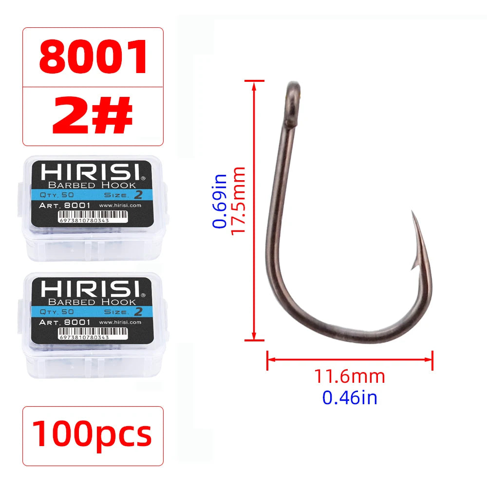 Hirisi 8001 100Pcs Fish Hook  PTFE Coated High Carbon Stainless Steel Anti-Rust Sharp Barbed With Eye Fishing Accessory
