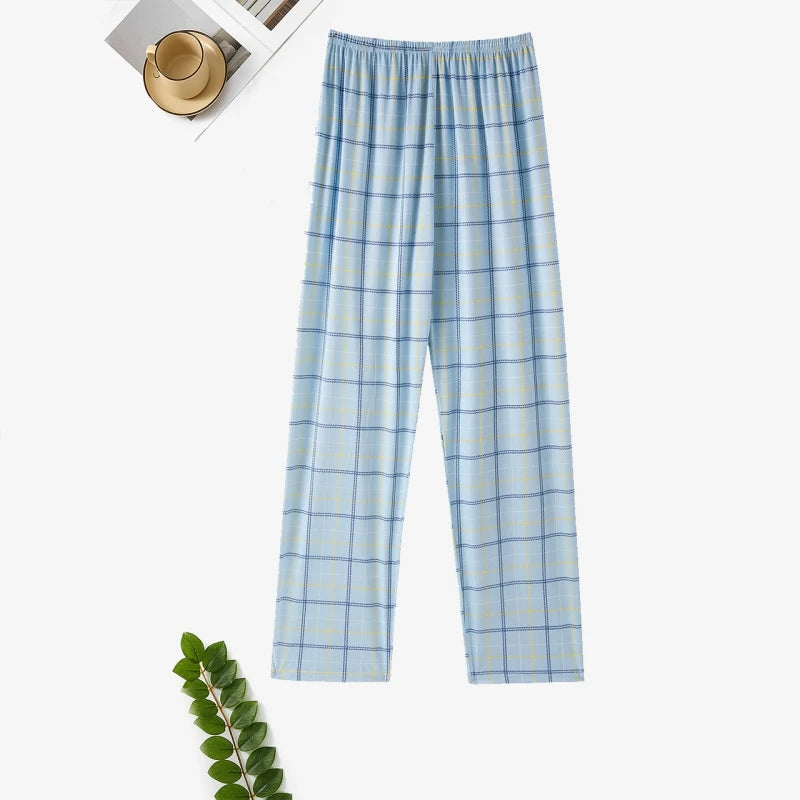 Good-Looking Men's Pajama Pants for Spring, Autumn, and Summer, Thin Long Pants, Plus Size, Loose Plaid Home Pants for Middle-Aged Dads