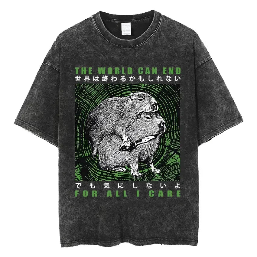 Mens Clothes Vintage Washed The Harbinger of Awkward Situations Weirdcore Japanese Funny Short Sleeved Round Neck Y2k Tshirt