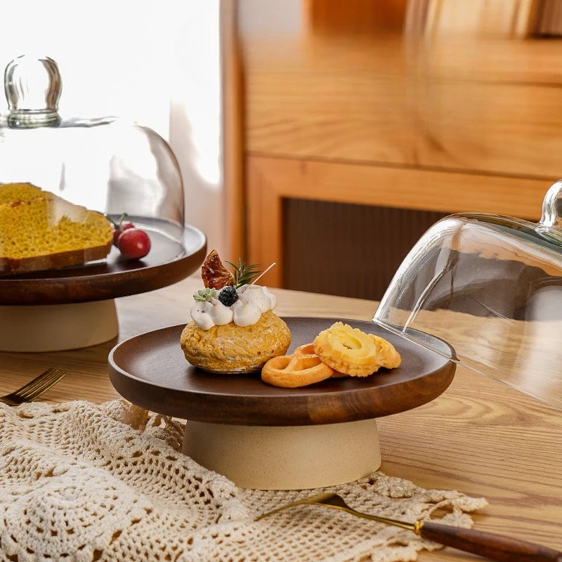 Modern Round Wooden Cake Tray with Glass Cover Dessert Bread Display Stand Fruit Snack Plate Kitchen Utensils Holiday Decoration