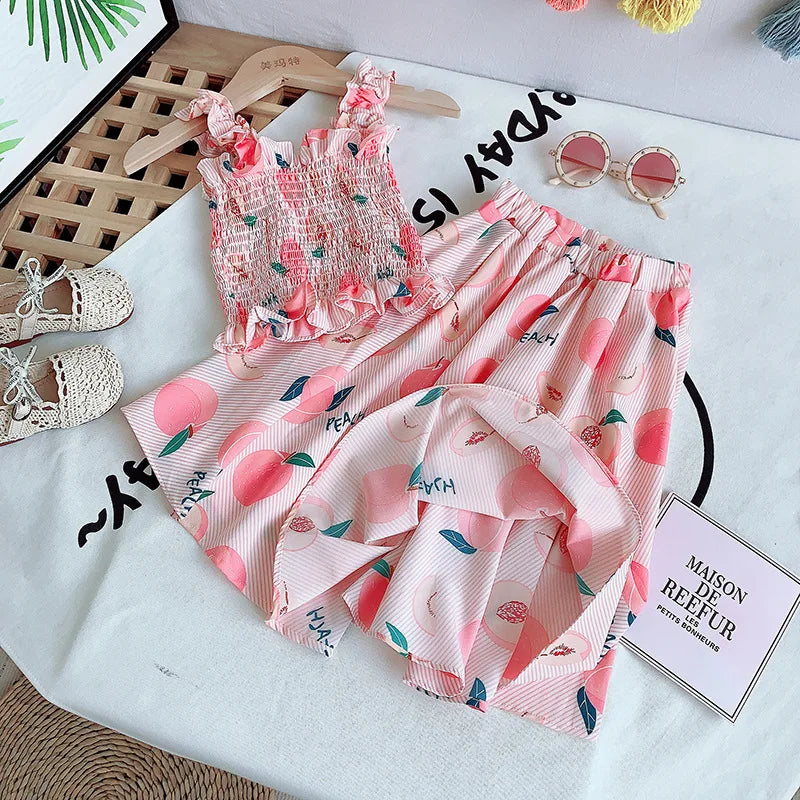 Kids Clothes Girls Summer Fashion Fruit Printed Slim Fit Camisole Top+Umbrella Skirt Sets Children's Daily Casual Wear