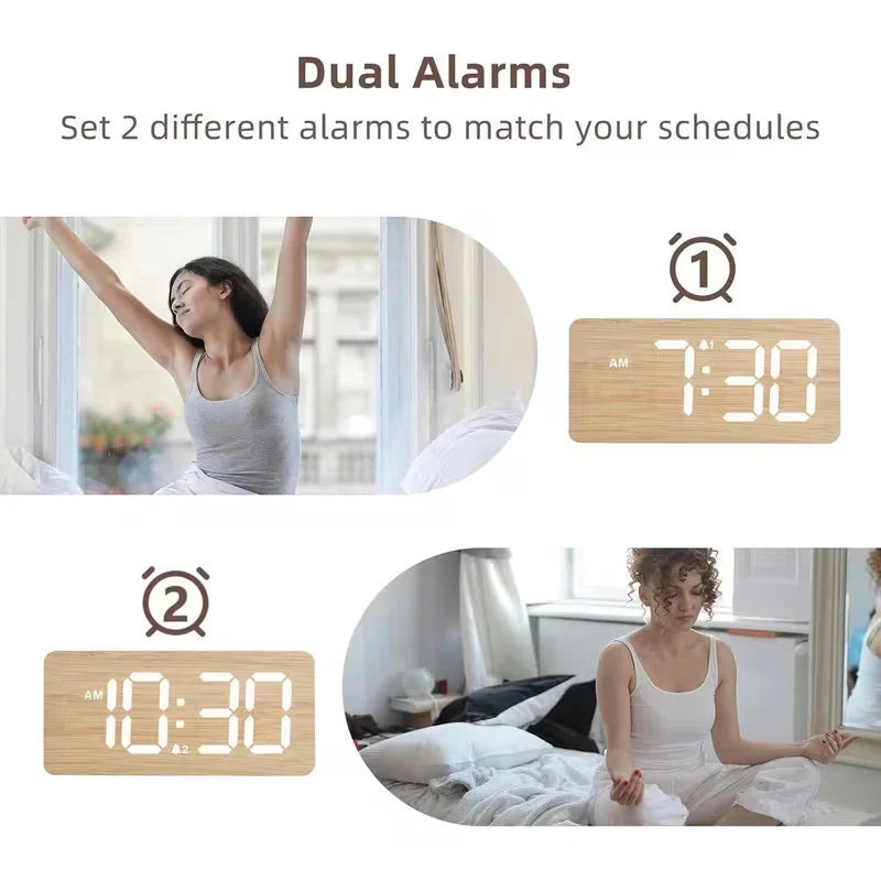 Alarm Clock LED Wooden Watch Table Voice Control Digital Wood Despertador USB/AAA Powered Electronic Desktop Clocks