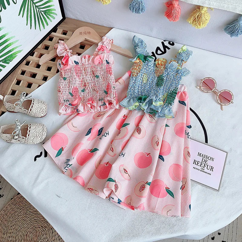 Kids Clothes Girls Summer Fashion Fruit Printed Slim Fit Camisole Top+Umbrella Skirt Sets Children's Daily Casual Wear