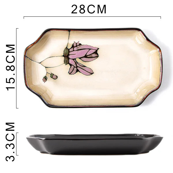 Ceramic hand-painted flowers creative dish plate Japanese tableware household fish plate round fruit plate kiln change rice bowl
