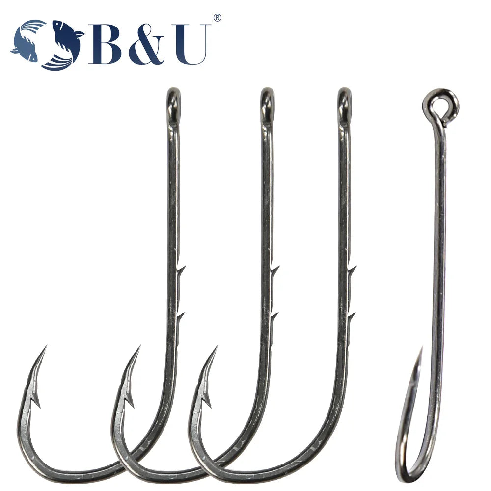 B&U 50pcs/lot Fishhooks High Carbon Steel Long And Straight Shank Barbed Fishing Hooks For Fresh And Saltwater Fishing