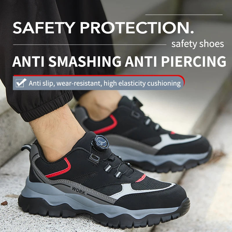 Mens Work Shoes Steel Toe Safety Boots Anti-smash Shoes Mens Black Hiking Boots Lightweight Breathable Sneakers for Outdoor Work