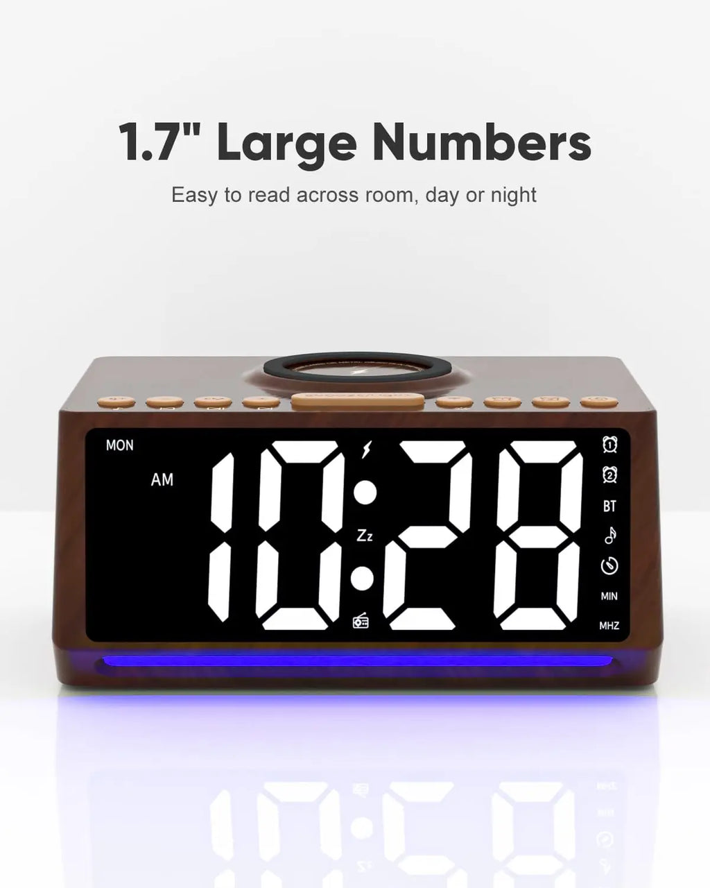 Retro Wooden Digital Alarm Clock Large Display with FM Radio, Bluetooth Speaker, Wireless Charger Station for cell phone