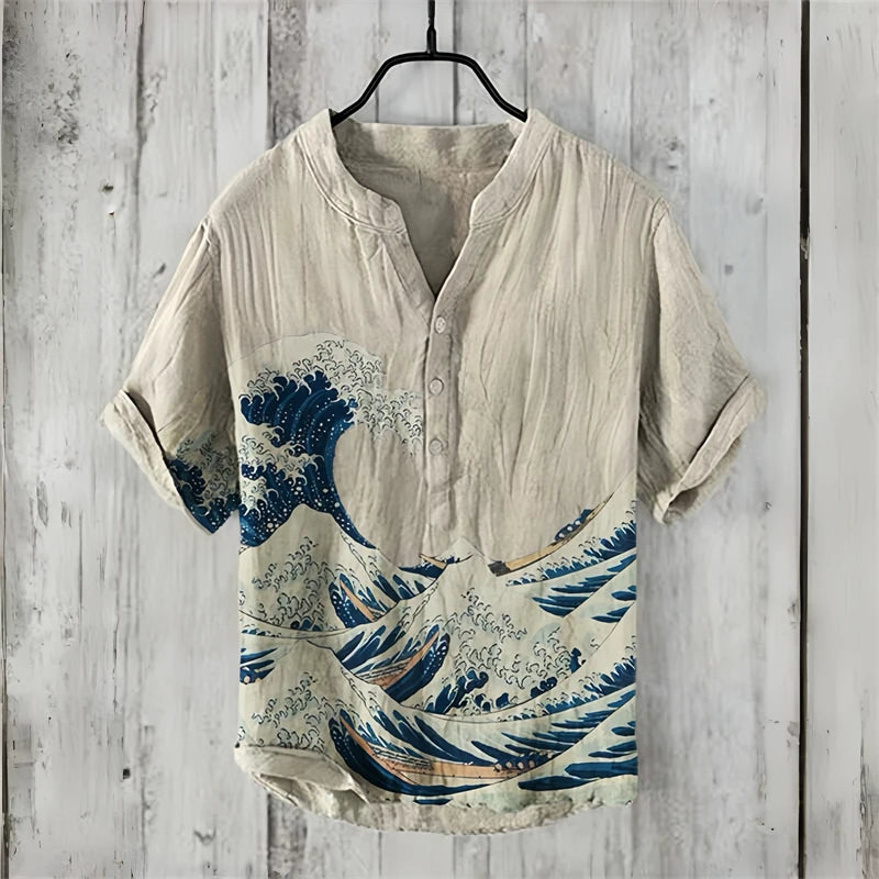 Spring and summer men's and women's shirts, fashionable shirts, casual fish pattern Hawaiian style printed shirts, linen tops