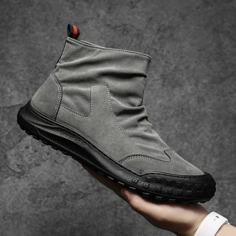 Men's Boots High Cut Workwear Shoes Autumn  Flat Zipper Pleated Non Slip Comfort Thick Soled Wear-resistant Fashion Boots