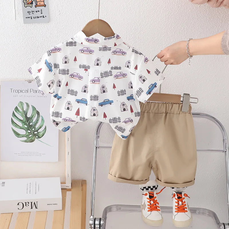 Kids Baby Boy Clothing Set Summer Cartoon Full Car Print T-Shirt + Shorts Fashion Casual Boy Tracksuit Children Baby Clothes Set