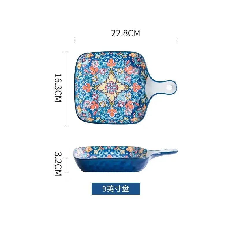 Bohemia Ceramic Rice Bowl Serving Plate Creative Ceramic Cutlery Soup Noodle Bowl Household Handle Bowl Sauce Dish