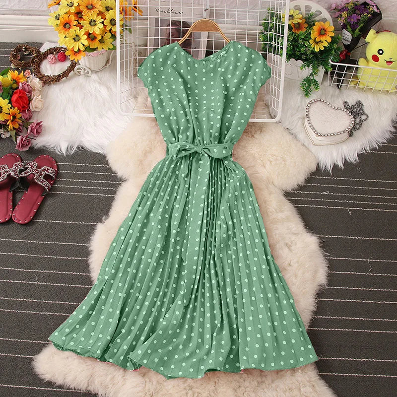 Ficusrong Dot Print Chic Summer Women Dress High Waist Knee Length Bandage Ladies Medium Long Dresses