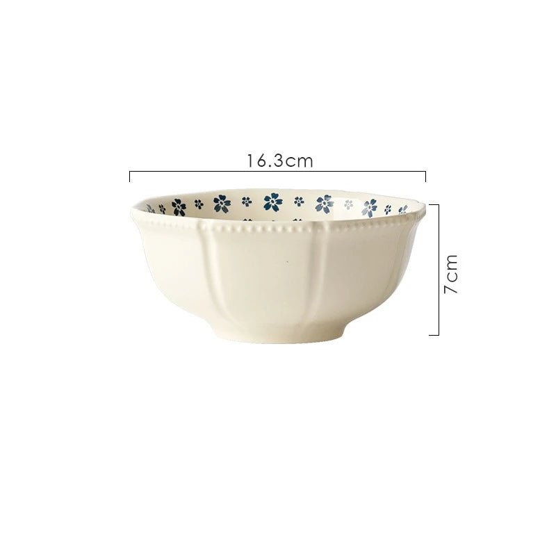 1PC Ceramic Tableware Retro Blue Cherry Blossom Household Rice Bowl Vegetable Plate Niche Bowl Set  Cute Bowl