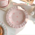 Aesthetic Bow Design Ceramic Tableware Set - Ruffled Edge Bowls & Plates with Underglaze Color Dessert Set Cute Dinnerware