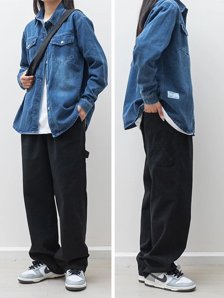 Men's Denim Shirts with Two Chest Pockets Metal Button Long Sleeve Jeans Shirts Loose Fit 2025 Autumn New Daily Leisure