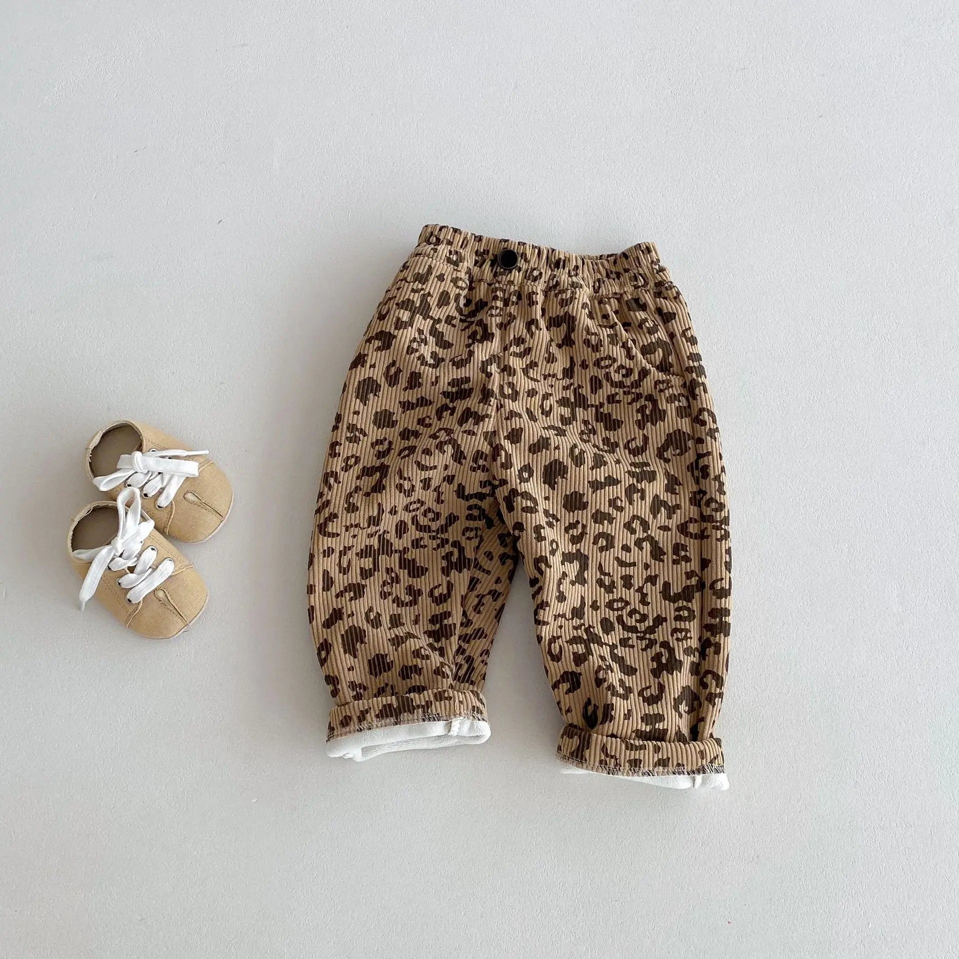 Korean Children's Clothes 2025 Winter Pants Kids Corduroy Floral Print Fleece Lined 0-5Y Baby Boys Girls Warm Winter Trousers