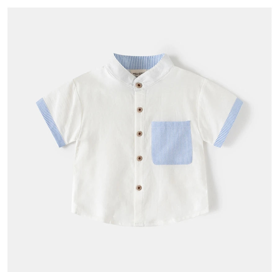2026 Summer 2T-6T Korean Childrens Clothing Blue and White Striped Pattern Shirt for Boys kids Stand Collar Shirt