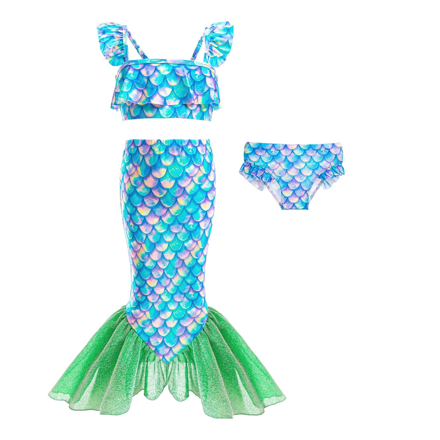 Girls Mermaid Swimsuits Summer Holiday Beach Wear Children 3 Pcs Fishtail Print Swimwear Kids Princess Quick Drying Sets 2-8 Yrs