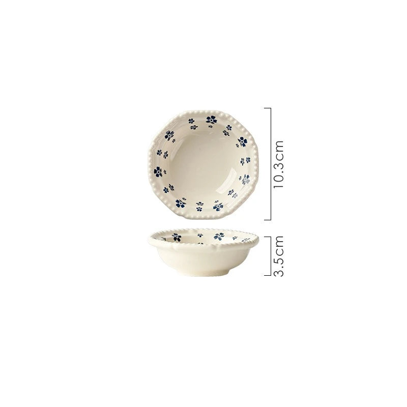 1PC Ceramic Tableware Retro Blue Cherry Blossom Household Rice Bowl Vegetable Plate Niche Bowl Set  Cute Bowl