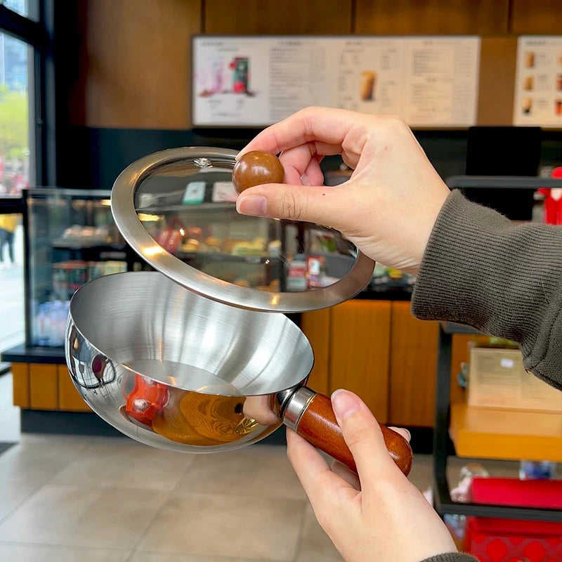 Breakfast & More Cooking Pot - Small Stainless Steel Saucepan with Wooden Handle, Ideal for Frying Eggs, Warming Milk or Oatmeal
