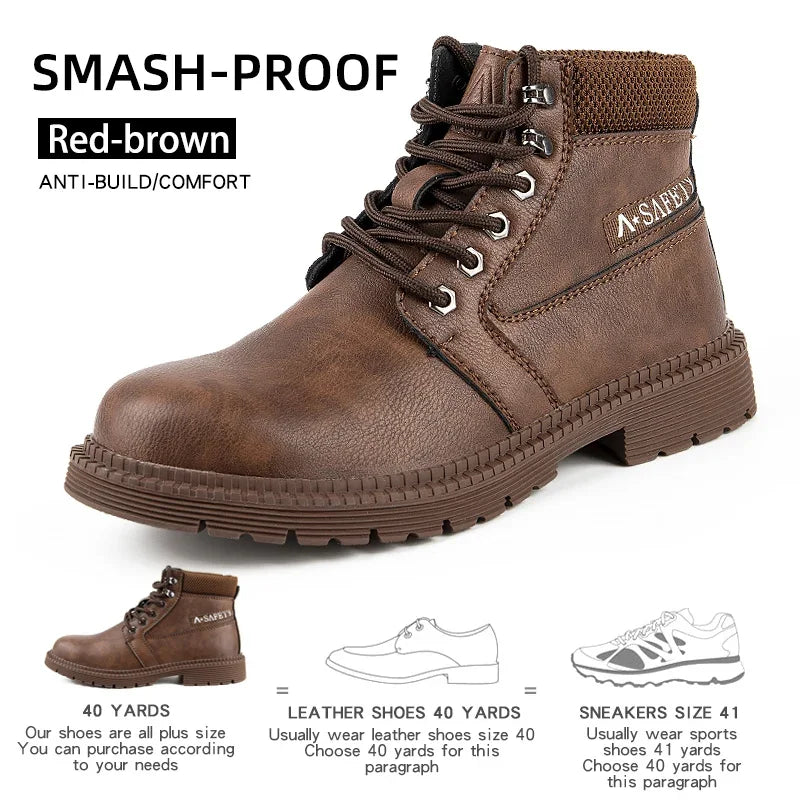 Mens Work Boots 2025 Fashion Outdoor Leather Steel Toe Indestructible Shoes Men Anti Slip Puncture Proof Safety Shoes Boot Man