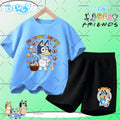 Kids Summer Casual Sports Outfit Bluey Cartoon Short Sleeve T-shirt & Shorts 2-Piece Set Soft Comfortable Children Clothing