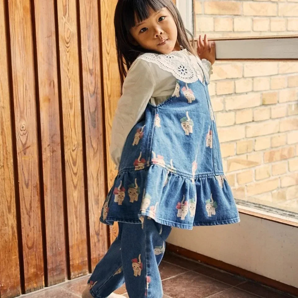 New Spring Ks Kids Clothing Toddler Girls Denim Jacket Tank Dress Suits Autumn Children's Cartoon Cat Coat Jeans Trousers 2-9Yrs