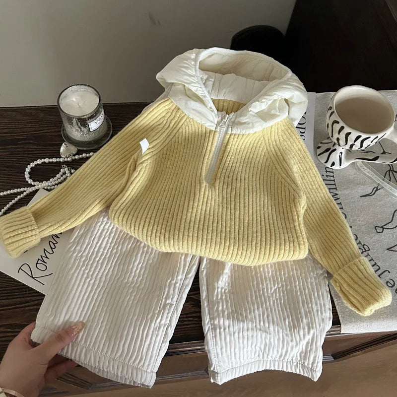 Korean Children's Clothing 2025 New Winter Girls' Knitted Hooded Sweater, Children's Plush Warm Pants Kids Suits