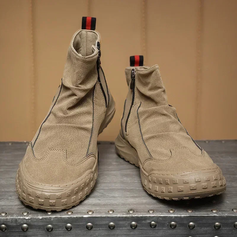 Men's Boots High Cut Workwear Shoes Autumn  Flat Zipper Pleated Non Slip Comfort Thick Soled Wear-resistant Fashion Boots