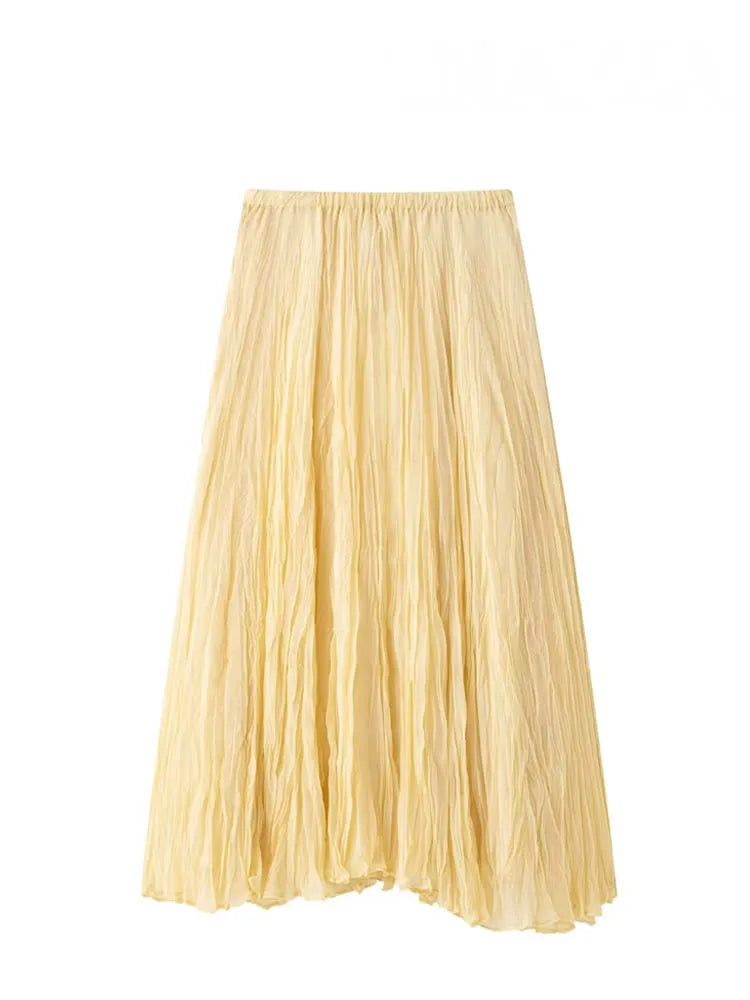HH 2025 Women Summer New Solid A-Line Midi Skirt Female Casual Pleated Button Crease Effect Trendy Elastic Waist Skirts