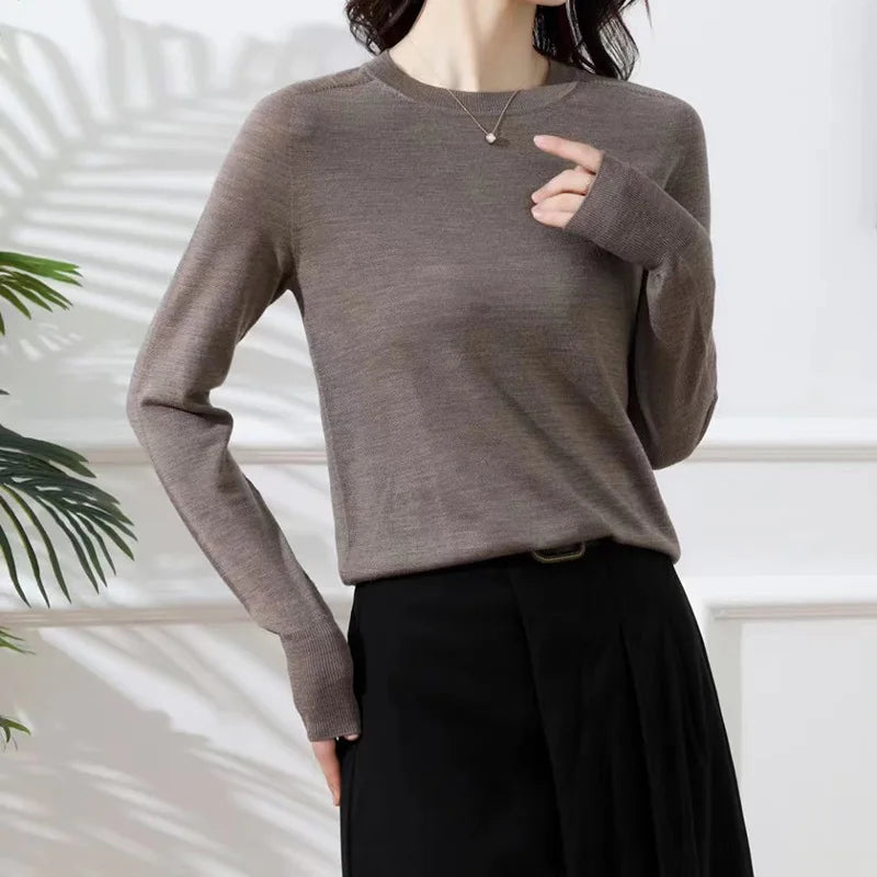 Birdtree, 100% Pure Wool Elegant Thin Sweater, Women O Neck Long Sleeve, Basics Bottom Knit Tops, 2024 Summer New T46840QM