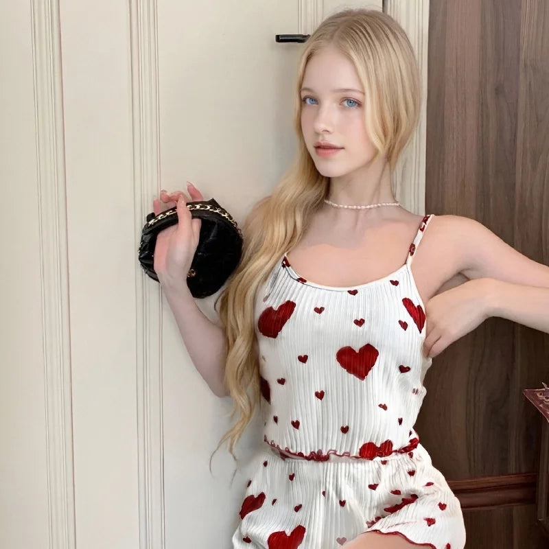 Women's Summer Pajama Set 2PC - Cute Heart Print Sleeveless Tank Top & Bow Shorts Lightweight Polyester Sleepwear Loungewear