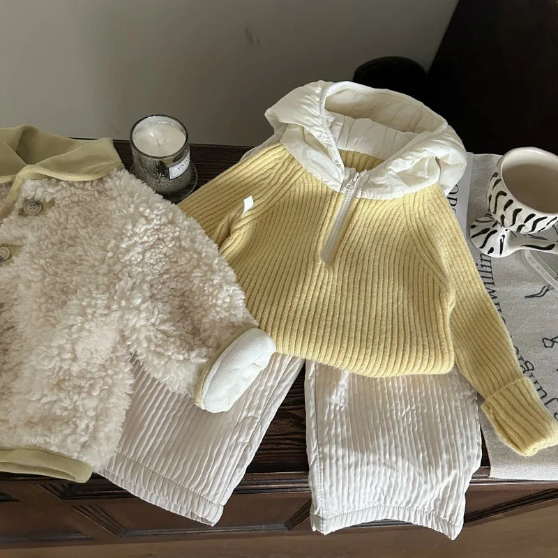 Korean Children's Clothing 2025 New Winter Girls' Knitted Hooded Sweater, Children's Plush Warm Pants Kids Suits