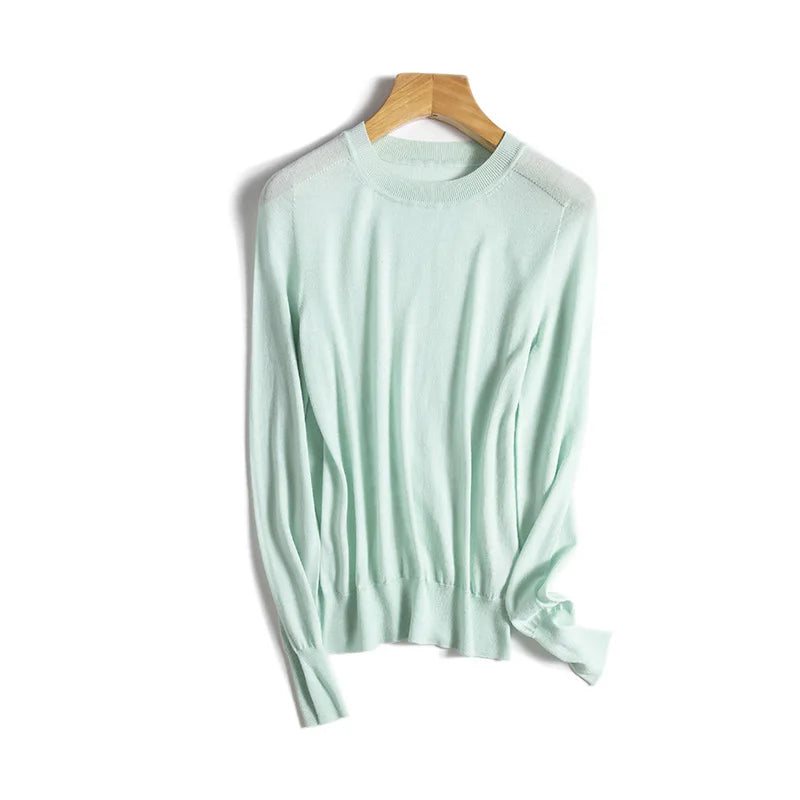 Birdtree, 100% Pure Wool Elegant Thin Sweater, Women O Neck Long Sleeve, Basics Bottom Knit Tops, 2024 Summer New T46840QM
