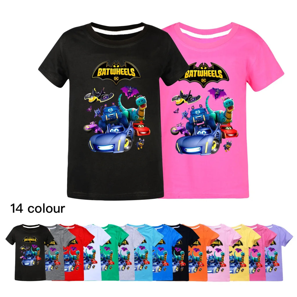 Funny Batwheels Short Sleeve Kids Clothing T-Shirts Summer Children Tops Cartoon Casual Tees Cotton Boys Girls Clothes3057