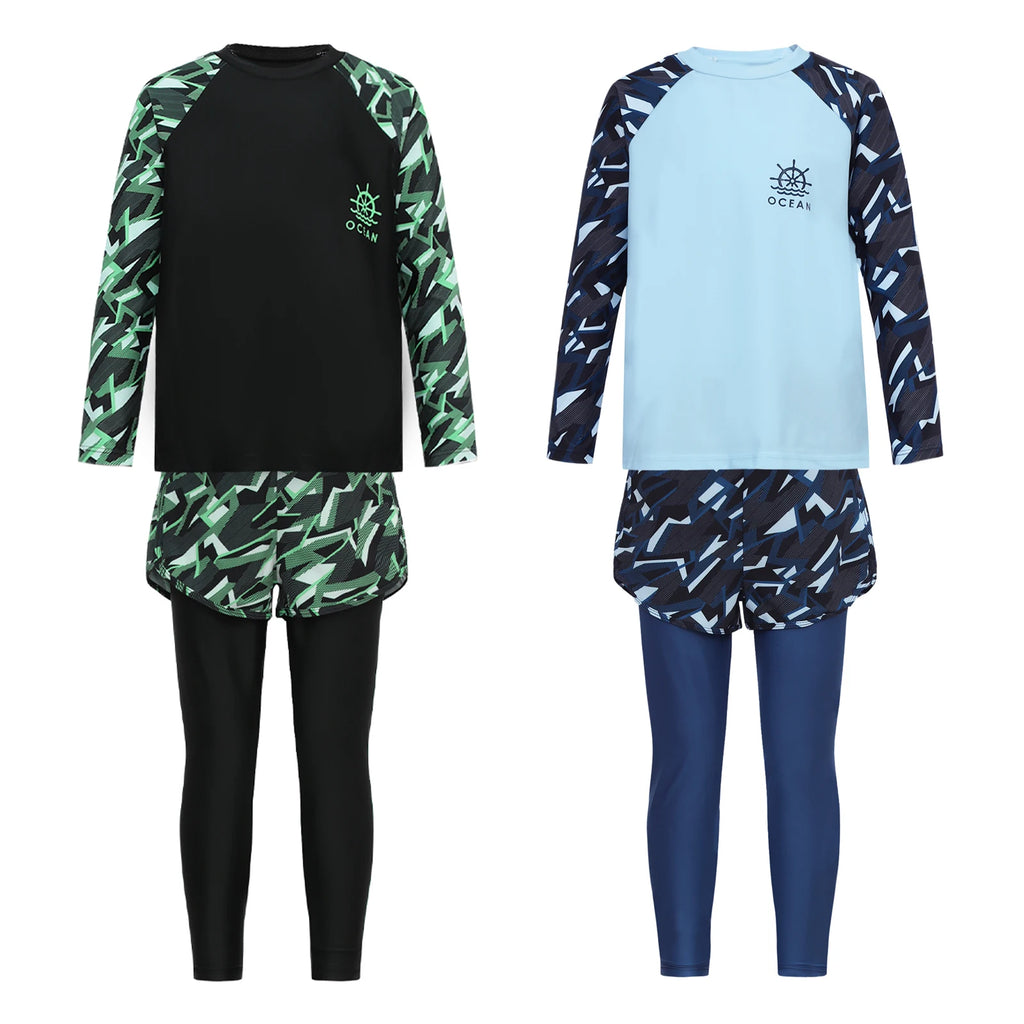 Boys Two Piece Swimsuits Bathing Suit Rash Guard Kids Child Long Sleeves Swim Shirts with Pants Swimwear Sets UPF 50+ Rash Guard