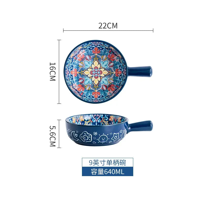 Bohemia Ceramic Rice Bowl Serving Plate Creative Ceramic Cutlery Soup Noodle Bowl Household Handle Bowl Sauce Dish