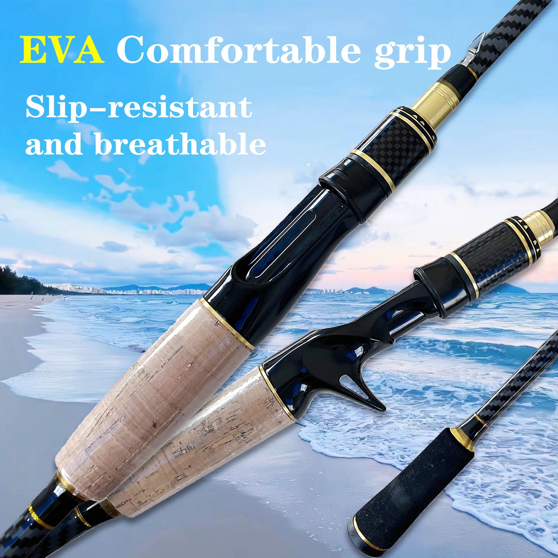 1.8-Meter Two-Section Lure Rod Suitable for Various Waters, Lightweight and Portable, Comfortable to Hold, Imitation Wood Soft Handle, Eav Segmented Grip, All-Black Color with Gold Accents, Enhanced Fashion, Ceramic Guide Rin