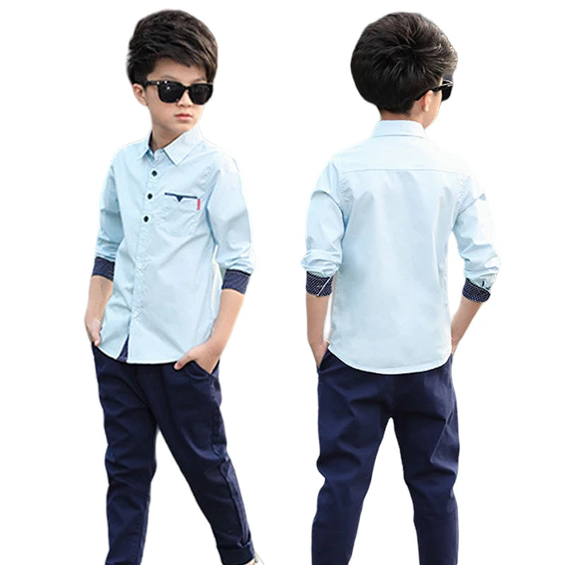 Kids Clothes Spring Autumn Boys Cotton Blouses Kids Boys Long Sleeve Shirt Children Fashion Shirt 5-15 Years Turn-down Collar