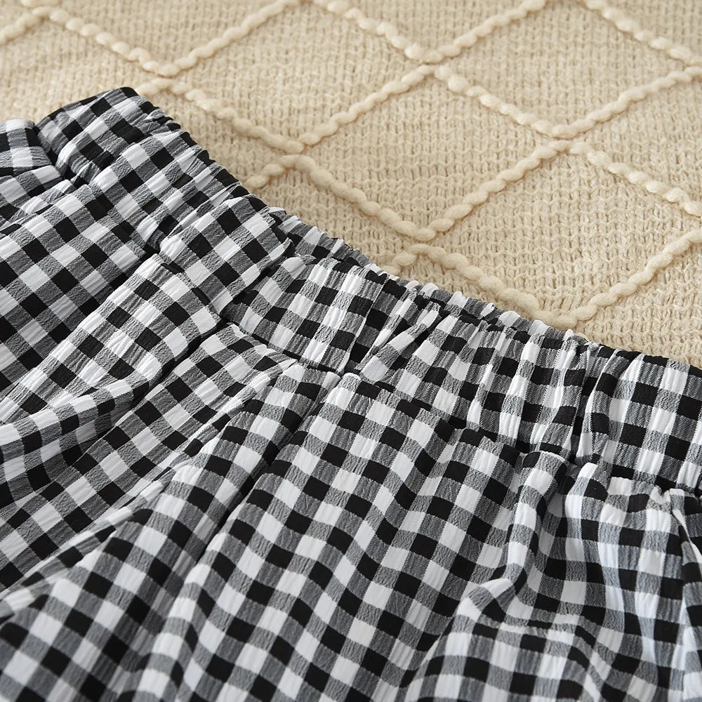 2026 Kids Clothing Girls' Summer Clothing Gray Bow Hollow Sleeveless Top + Checkered Shorts Daily Casual Children's Set