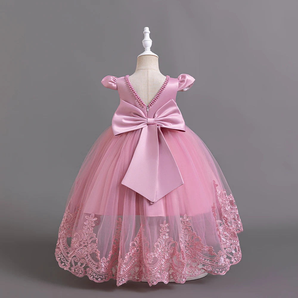 Hetiso Girls Flower Embroidery Party Dresses Kids Summer Formal Holiday Birthday Gown Kids Trailing Evening Princess Clothes 1-6