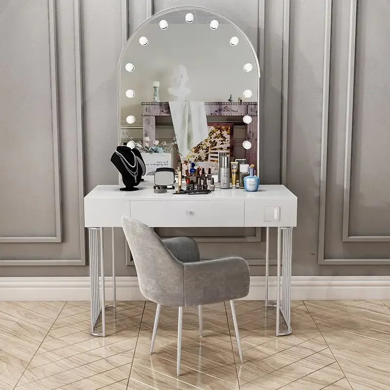 Vanity Set with Lighted Mirror, Makeup Vanity Dressing Table with LED Light, Drawers, Storage Shelves and Cosmetics Cabinet