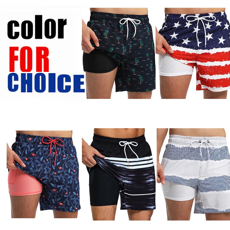 ESCATCH 2026 Summer New Style Mens Shorts 2 in1 Fitness Printing Traje De Baño Hombre Long Lining With Zipper Pockets Swimsuit