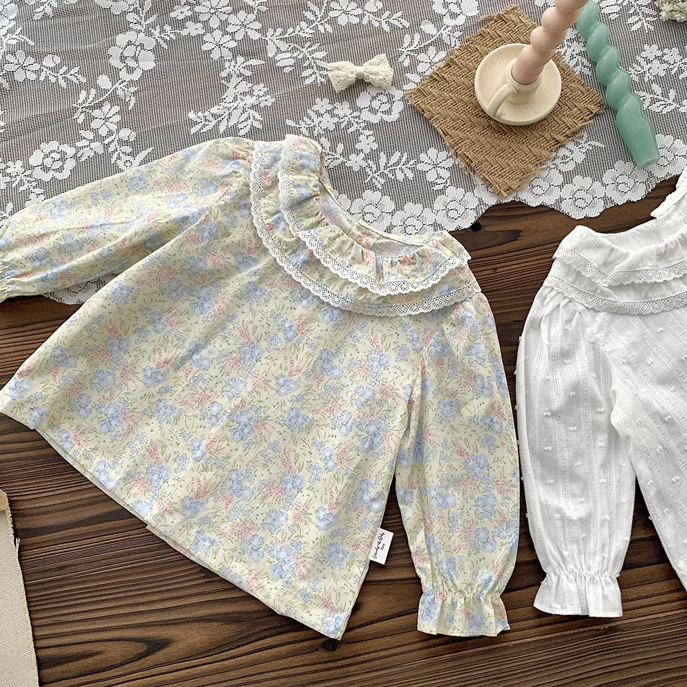 Spring Toddler Girls Blouse Petal Pan Collar Summer Soft Cotton Baby Tops Casual Kids Long Sleeve Base Shirt Embroider Clothes