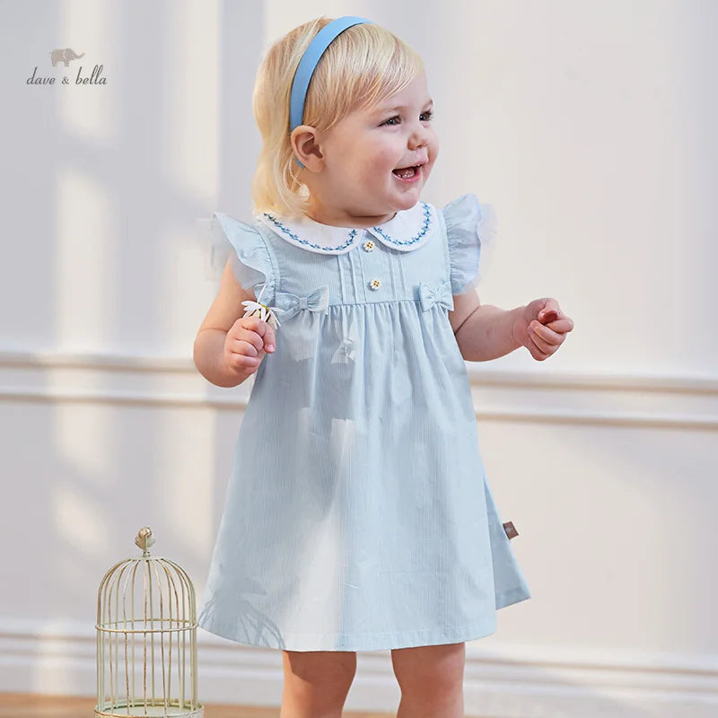 Dave Bella Girl's Princess Dress 2025 New Summer Children's Baby Sleeveless Cute Sweet Blue Fashion Casual DB2240415