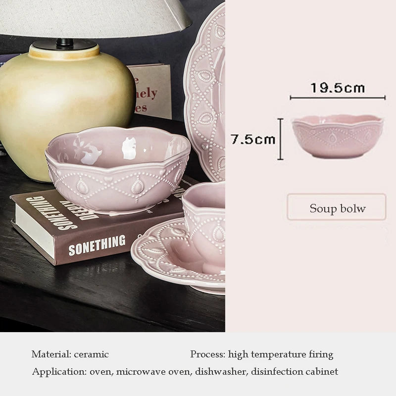 Pink Plate Set Retro Embossed Ceramic Dishes Cup and Saucer Breakfast Milk Mug Soup Plate Kitchen Tableware Housewarming Gift