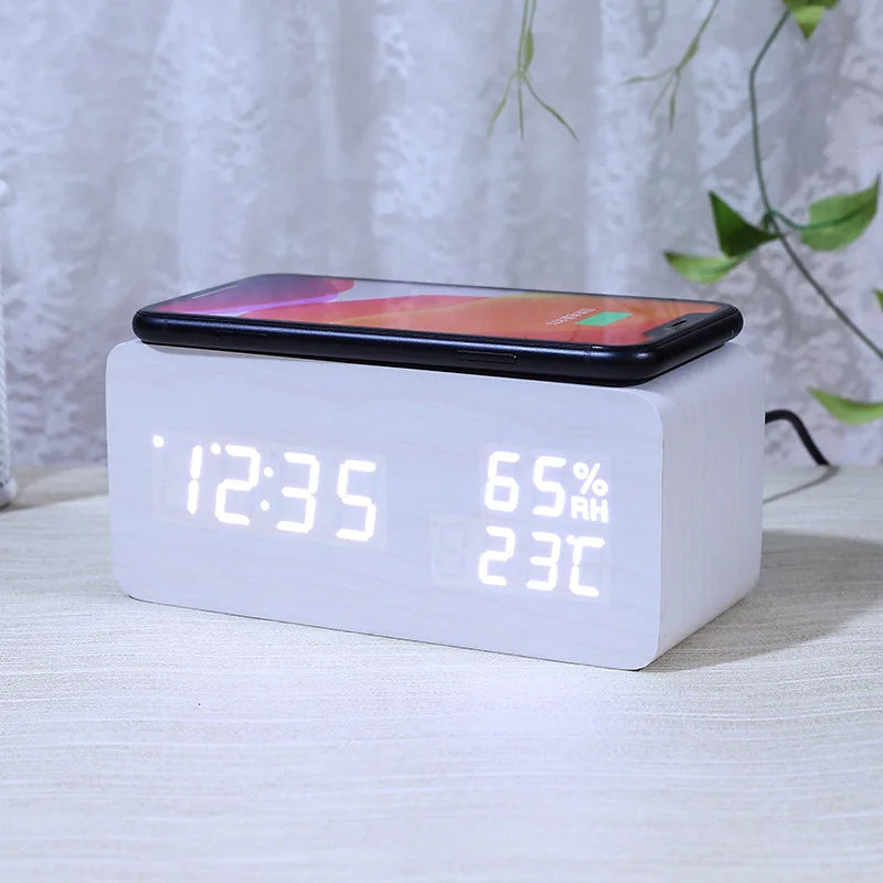 New Wooden Digital Alarm Clock Bluetooth Speaker with Wireless Charging Led Temperature Humidity Display Sound Control Function