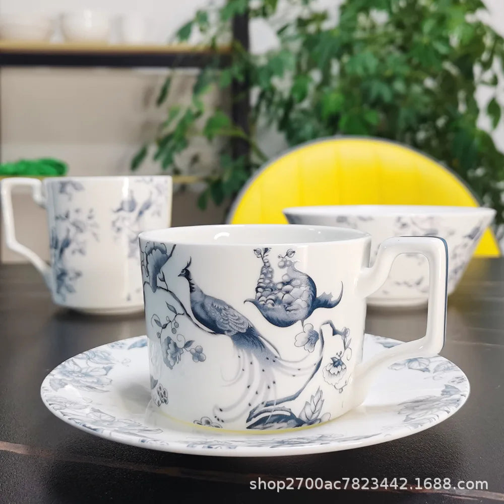 Bone China Dinning Plates Set Chinse style Flower Bird Peacock Porcelain Plate for Dessert Steak Bread Cake Dish Tray Coffee Cup