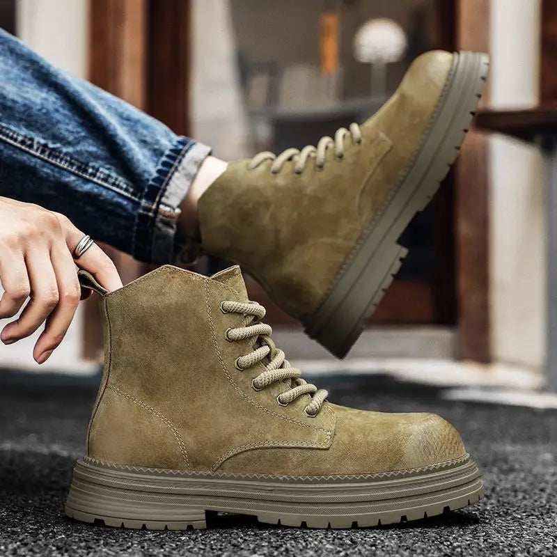 Outdoor Leather Mens Ankle Boots Fashion High Top Men's Casual Shoes British Style Male Work Boots Lace-up Walking Hiking Shoes