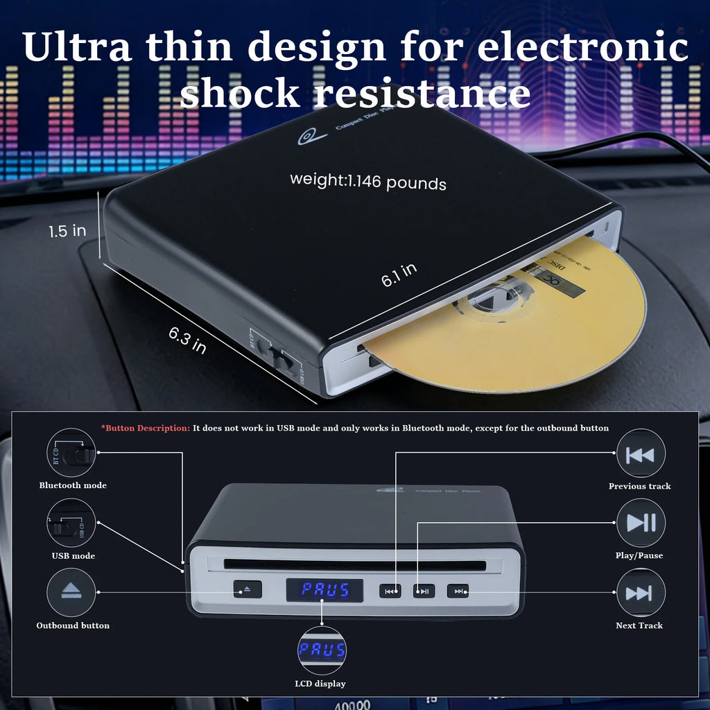 Car CD Player for Portable,  External Car CD player, Dual-Mode USB or Bluetooth CD Player with for Car All-Models, Plug and Play